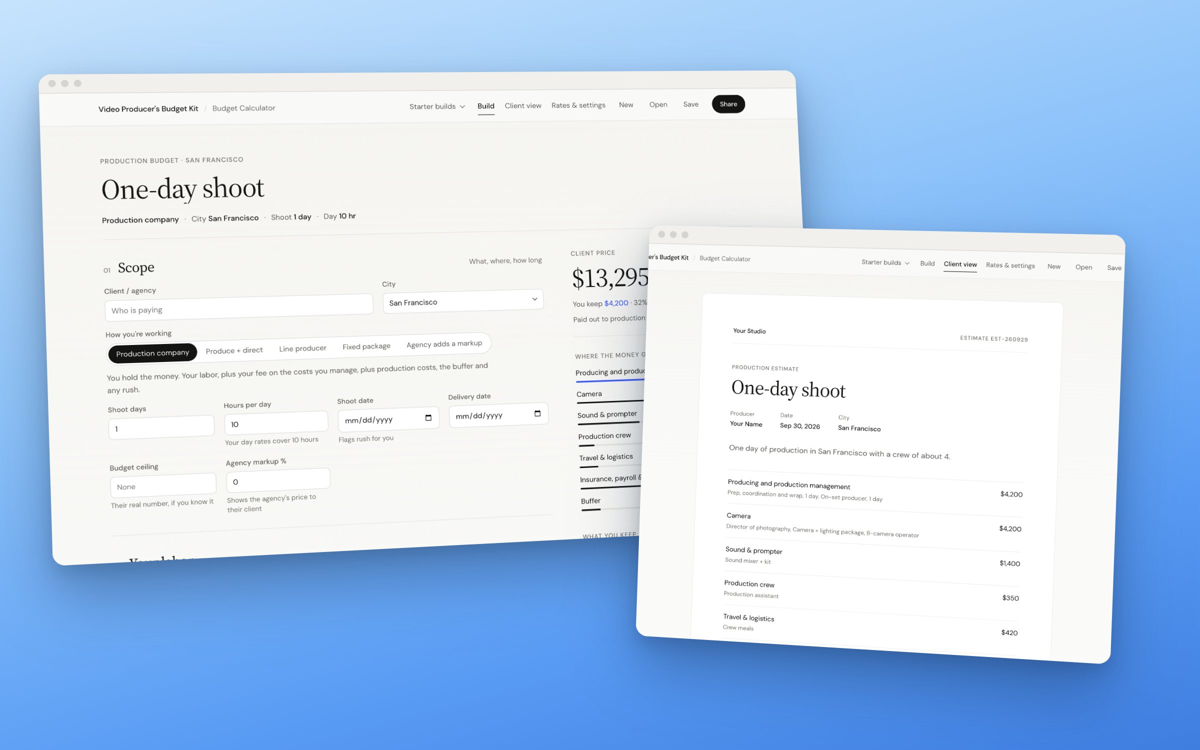 The Budget Calculator: a one-day shoot in SF and the client estimate it makes