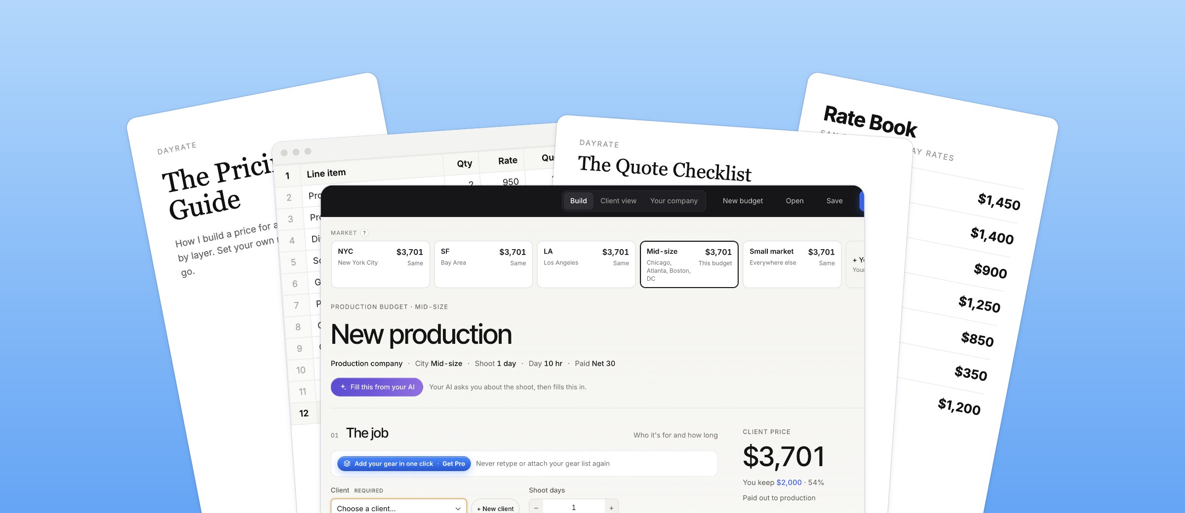 The Dayrate Calculator, plus the Rate Book, the Pricing Guide, the Budget Sheet and the Quote Checklist