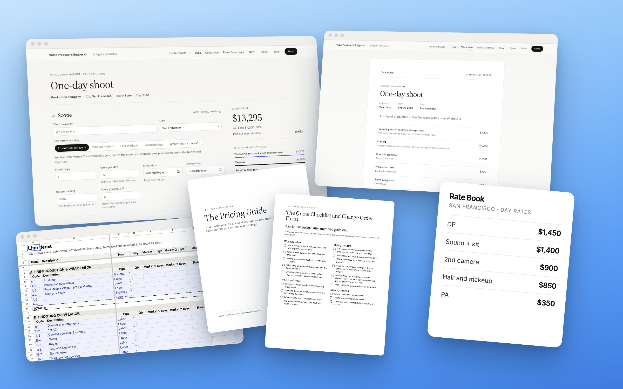 Everything in the kit: the Budget Calculator, the client estimate, the Rate Book, the Pricing Guide, the Quote Checklist and the Budget Sheet