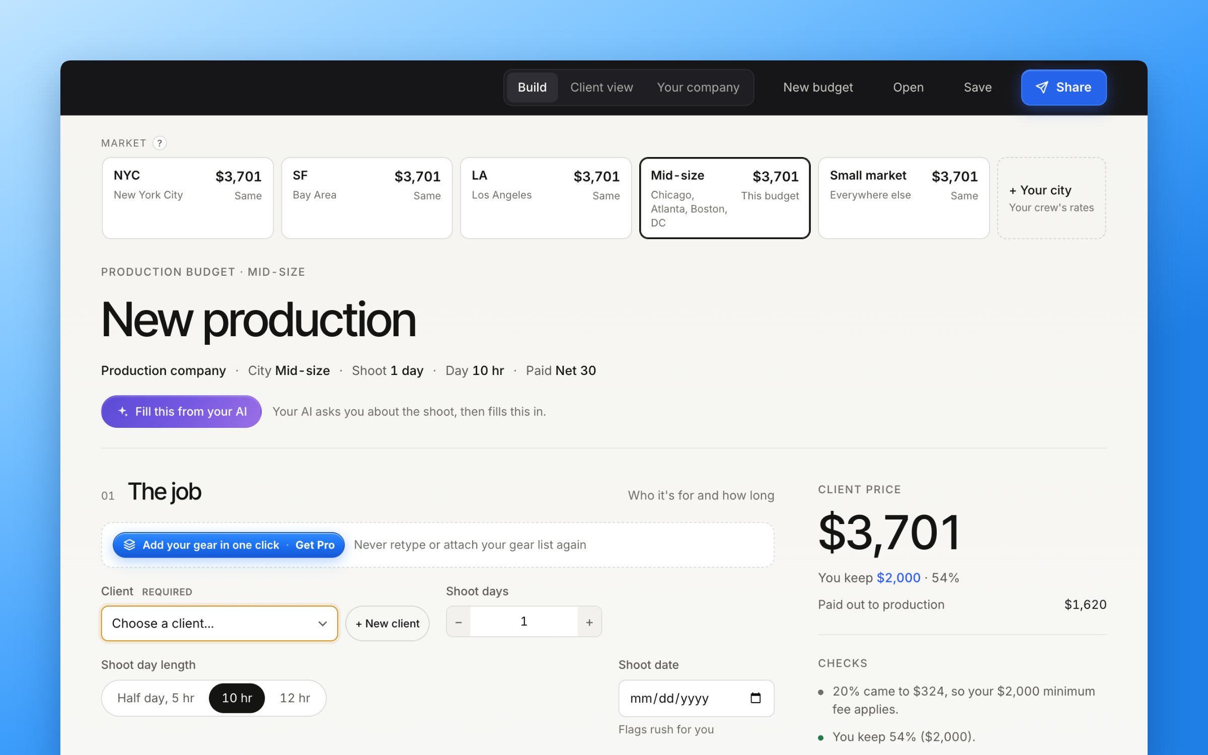The Dayrate Calculator: pick your market, let your AI fill it in, and see the client price and what you keep